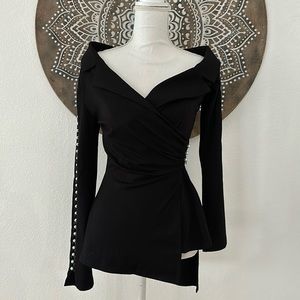 VENUS Black Pearl-Button Wrap Blazer